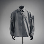 Gray wool jacket with button-up front and chest pocket, Prada triangle logo patch