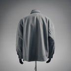 Gray wool jacket back view with full-length sleeves and center-back drape