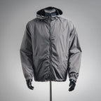 Hooded zip-up jacket in dark gray with elastic cuffs and drawstring hem