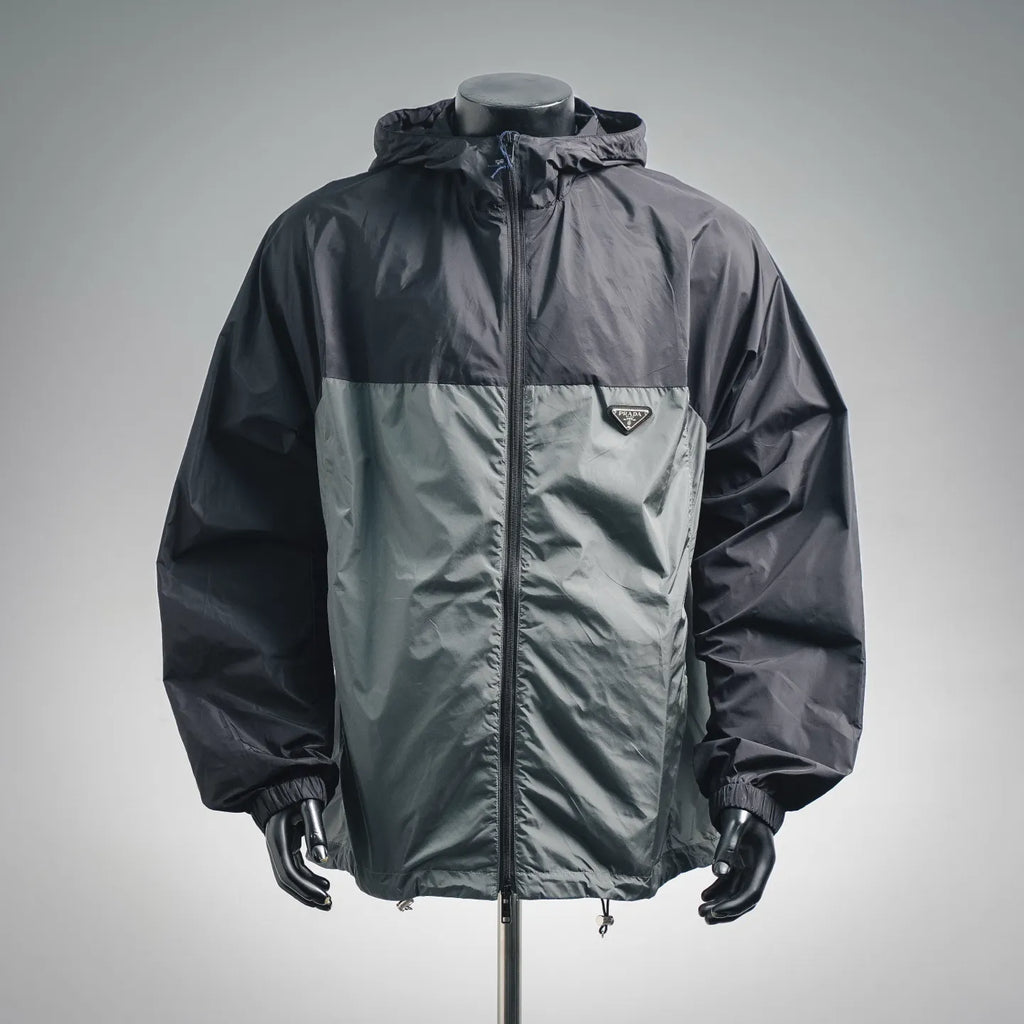 Prada black hooded zip jacket, front pockets and stand collar