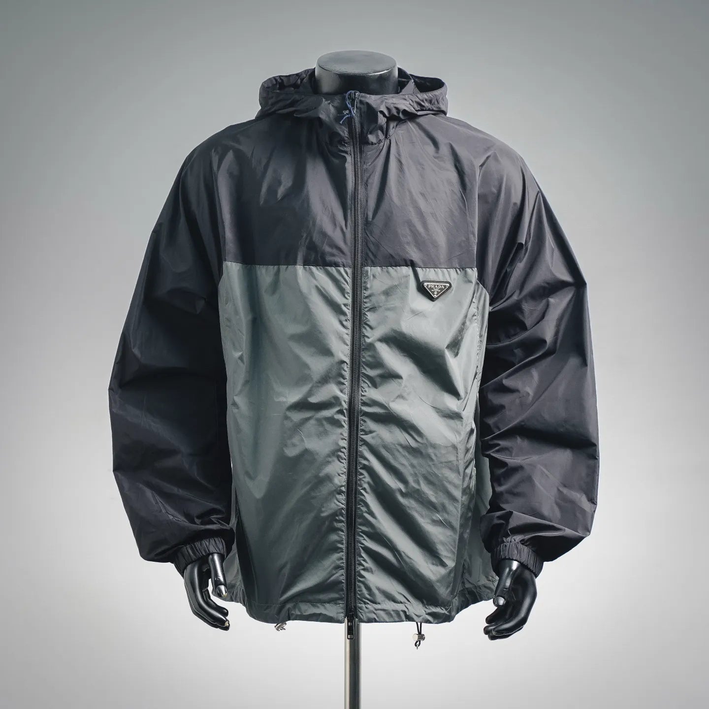 Prada black hooded zip jacket, front pockets and stand collar