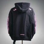 Chrome Hearts back-view hoodie with hood, sleeve graphic accents, and small bottom logo.