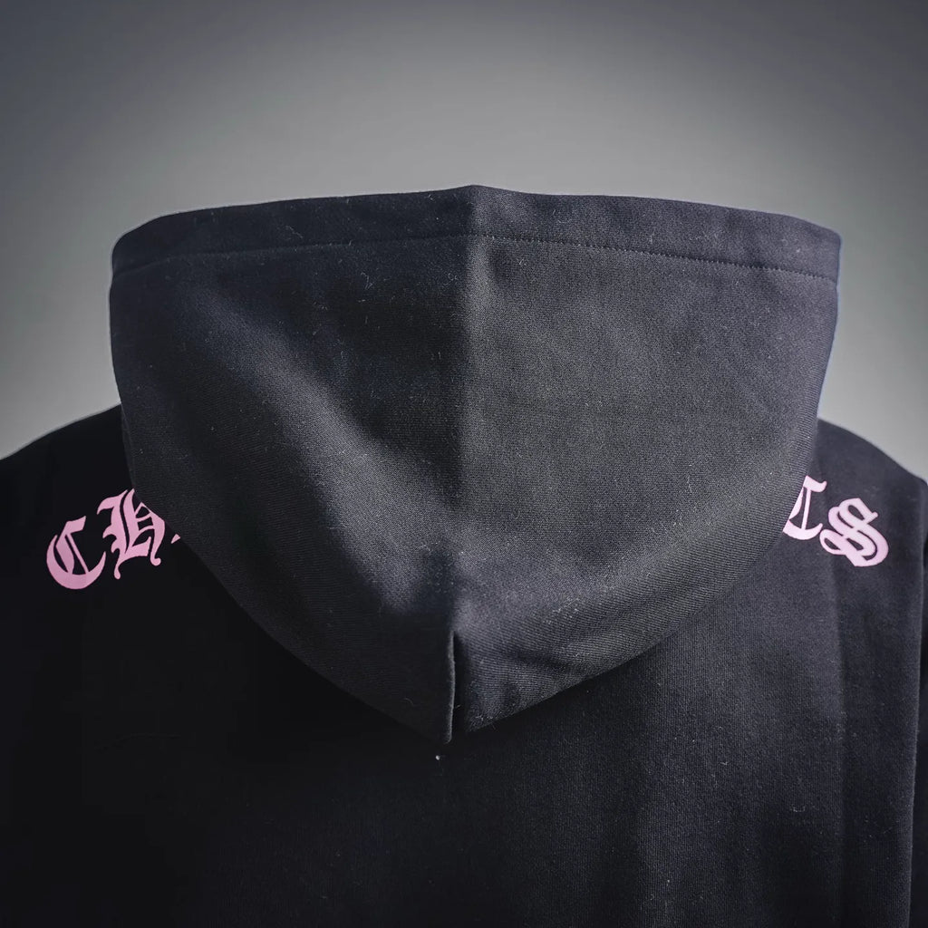 Chrome Hearts hoodie back hood area with small pink side logo prints.