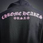 Chrome Hearts long-sleeve hoodie back with large pink logo and text across shoulder.