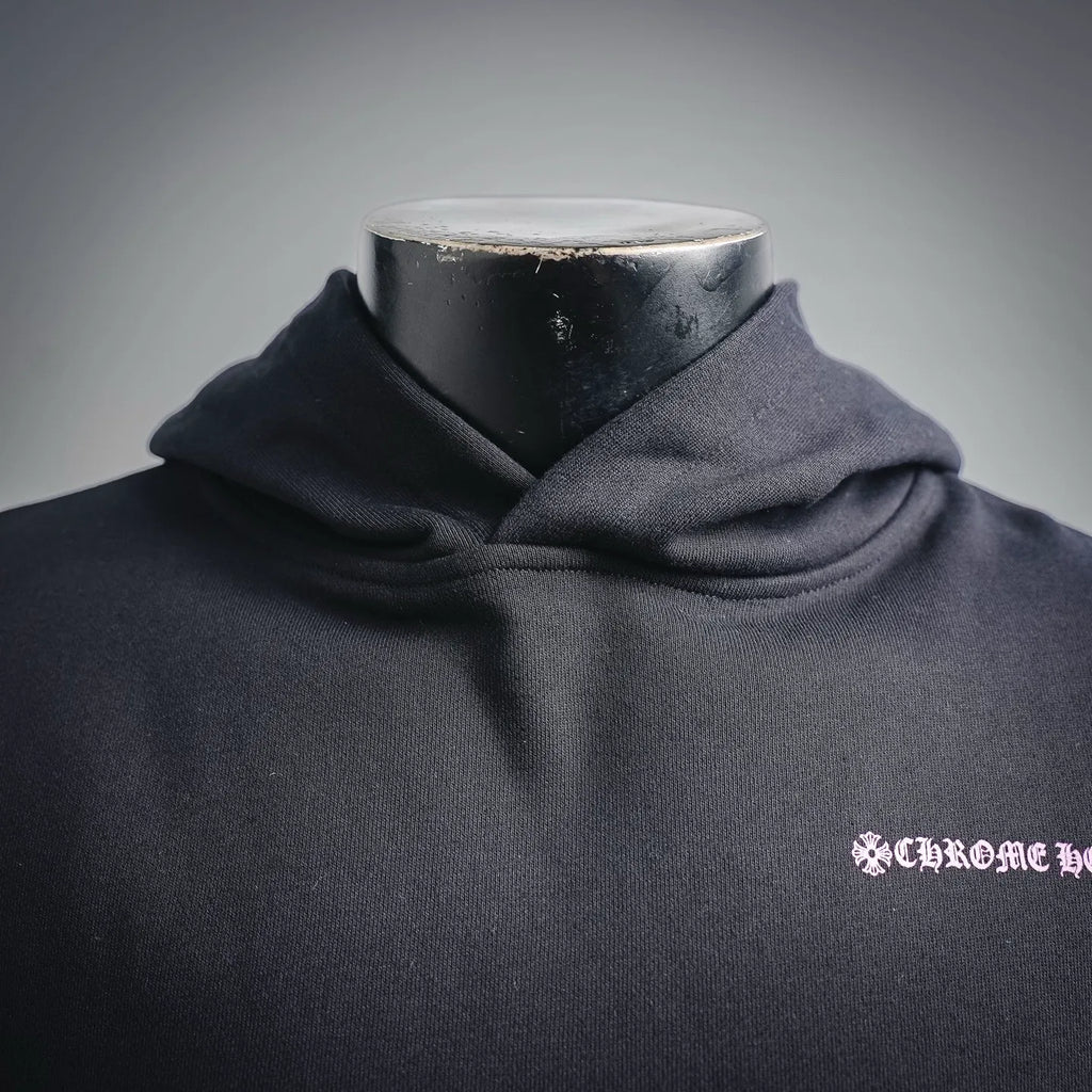 Chrome Hearts hoodie neckline and hood with small pink chest logo.