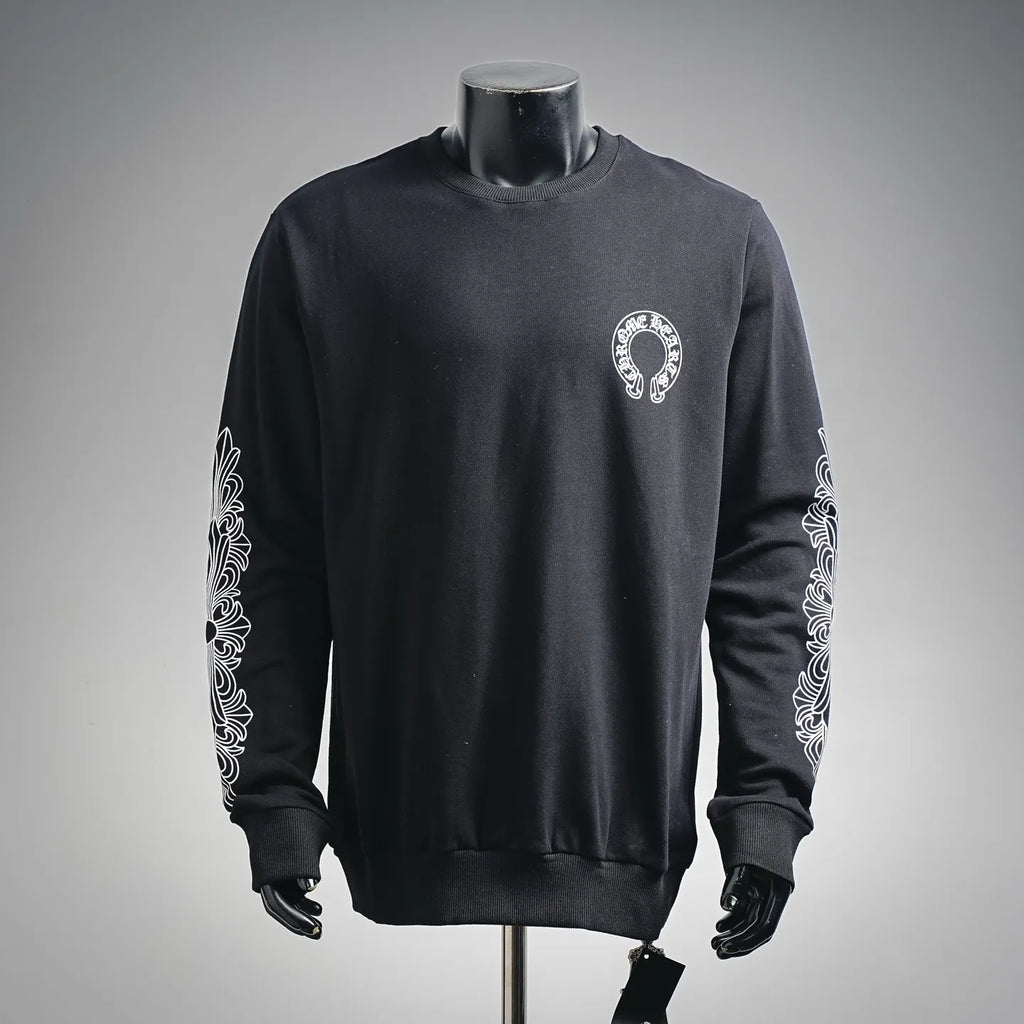 Black crewneck long-sleeve sweatshirt with small white logo on the chest