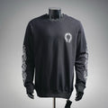 Black crewneck long-sleeve sweatshirt with small white logo on the chest
