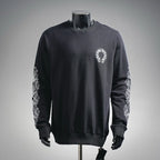 Black crewneck long-sleeve sweatshirt with small white logo on the chest