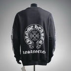 Black crewneck sweatshirt back with large circular white graphic and "Los Angeles"