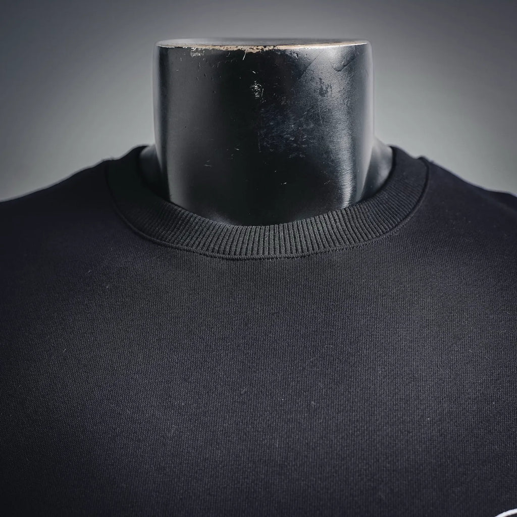 Black sweatshirt collar with ribbed crew neckline close-up