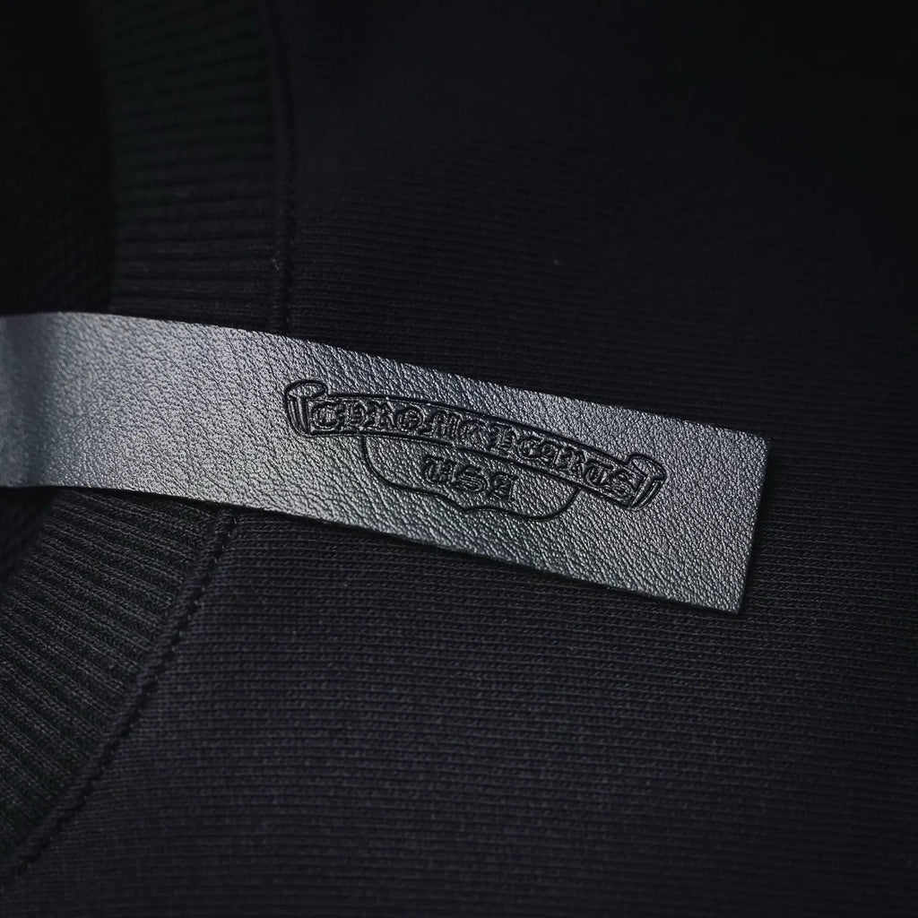 Black sweatshirt inside neck label sewn into ribbed collar hem