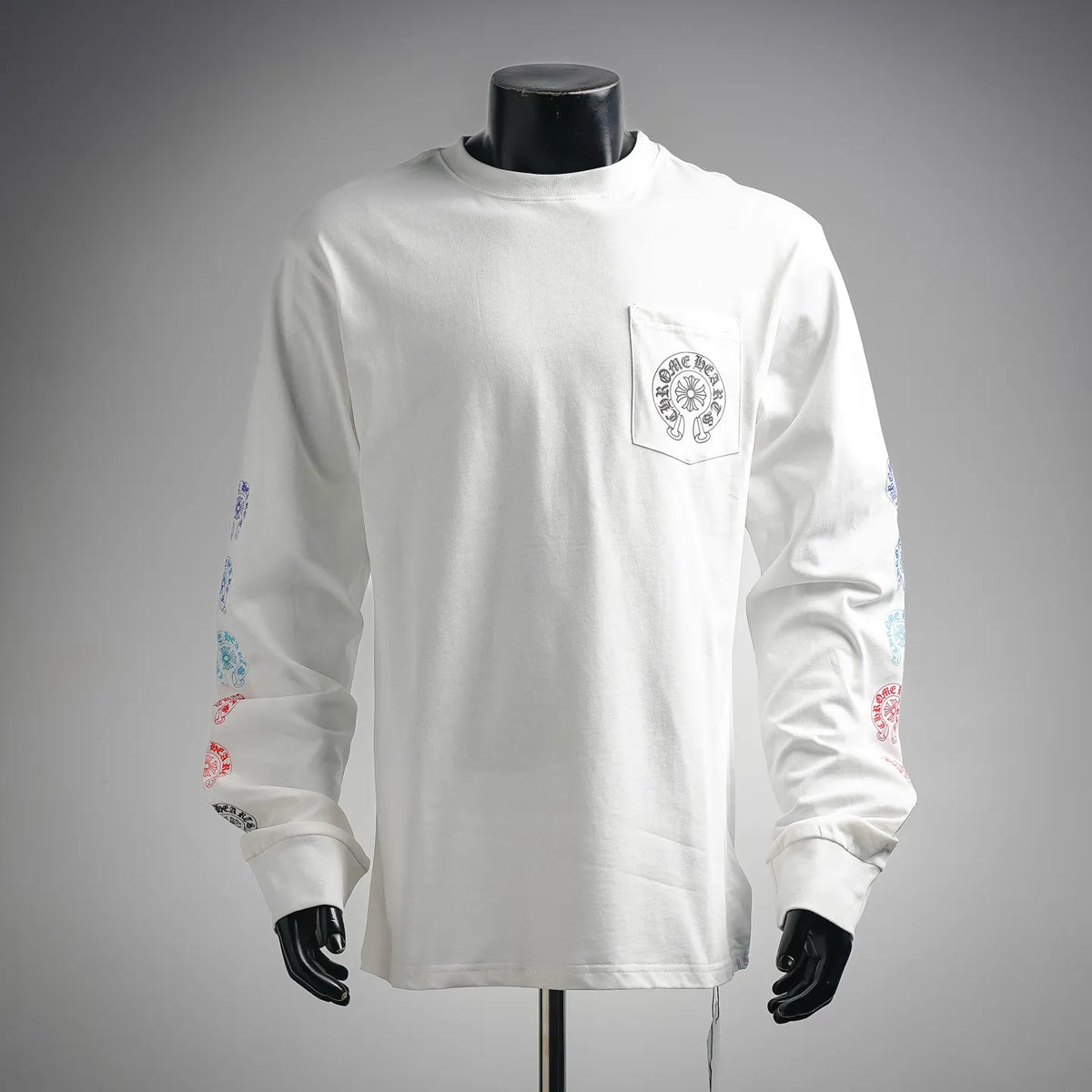 White long-sleeve T-shirt with small chest pocket and circular logo print
