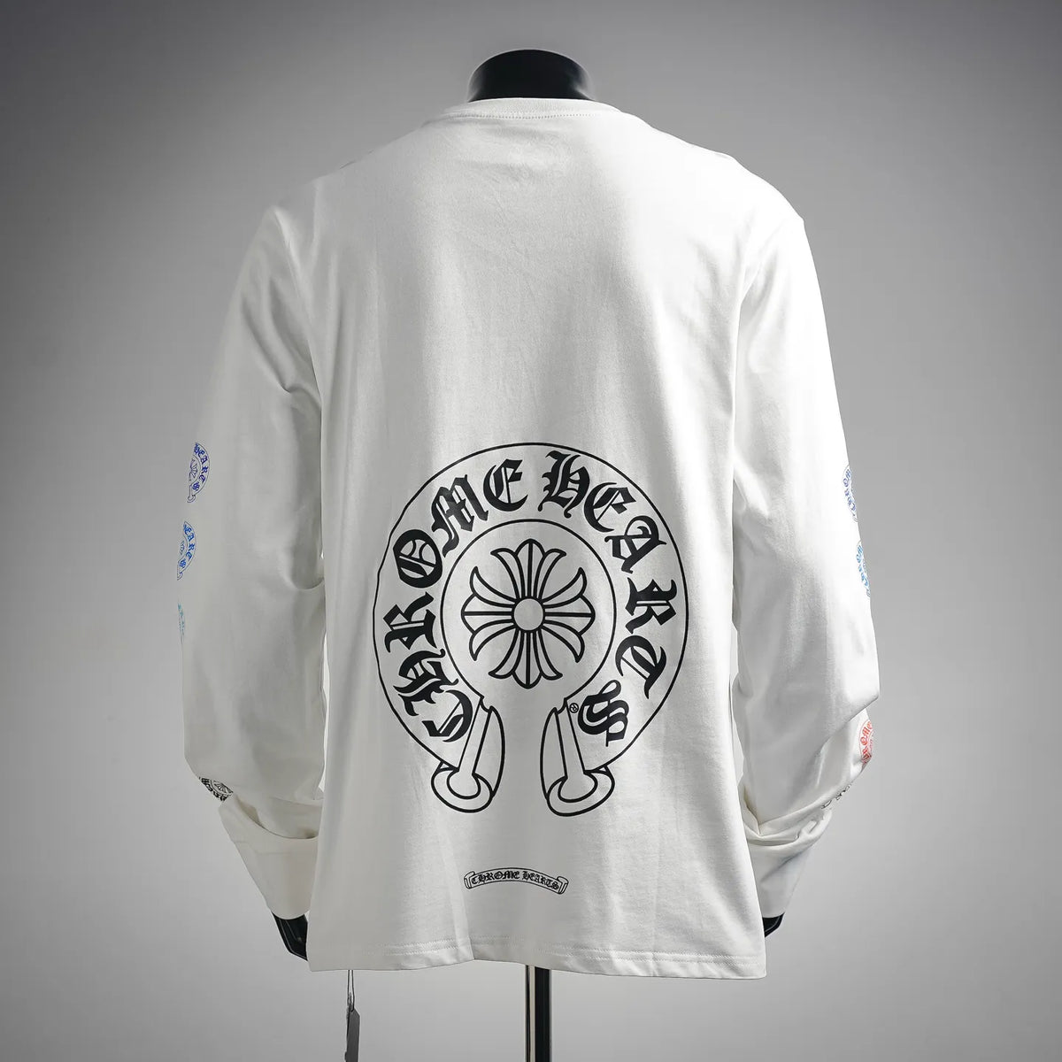 White long-sleeve T-shirt with large back circular logo graphic