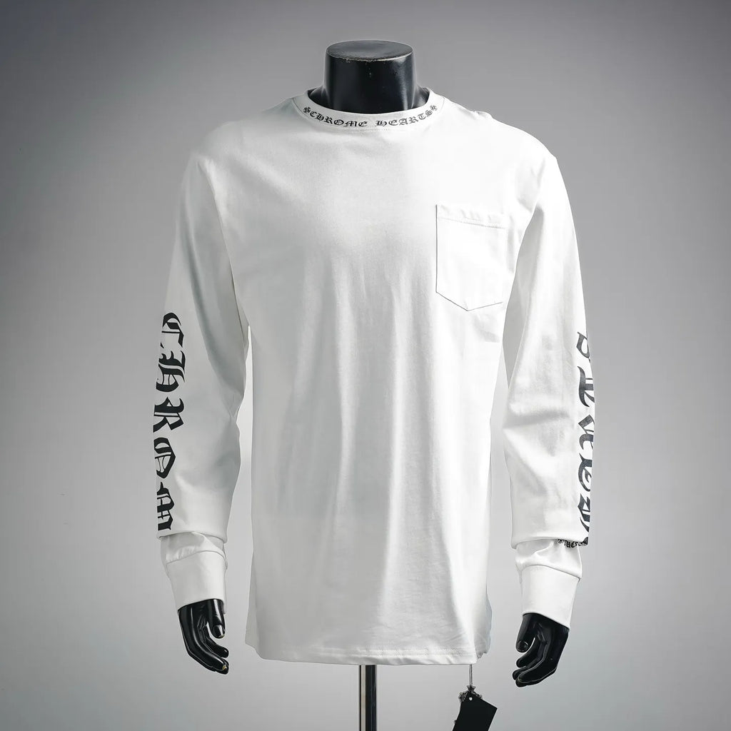White long-sleeve T-shirt with chest pocket and graphic sleeve prints