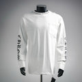 White long-sleeve T-shirt with chest pocket and graphic sleeve prints