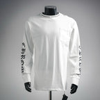 White long-sleeve T-shirt with chest pocket and graphic sleeve prints