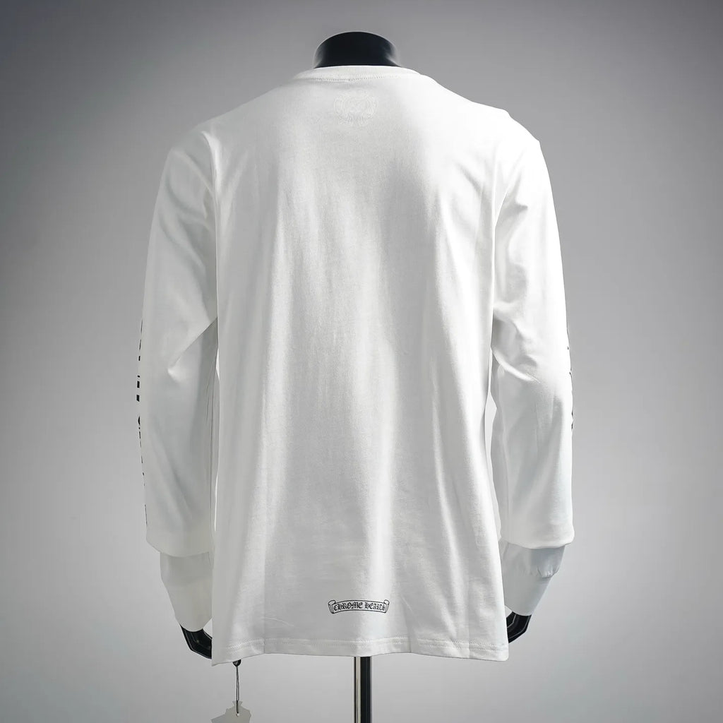 White long-sleeve T-shirt with plain back and small logo at hem