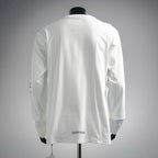 White long-sleeve T-shirt with plain back and small logo at hem