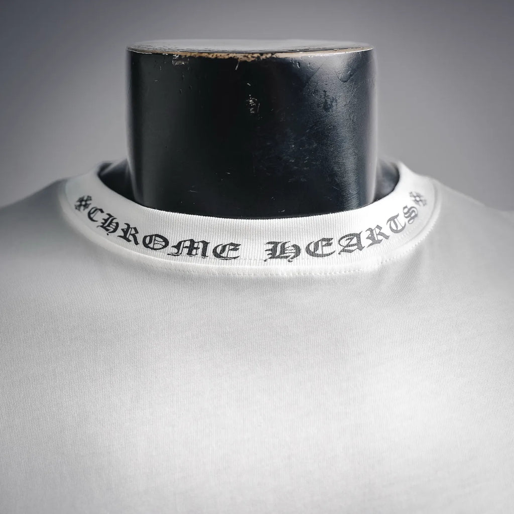 White long-sleeve T-shirt crew neckline with stitched lettering graphic