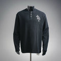 Dark long-sleeve henley shirt with button placket and silver cross patch