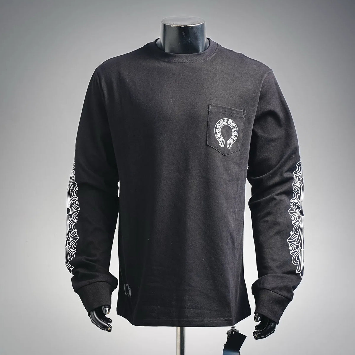 Black long-sleeve T-shirt with small chest logo and white sleeve graphic