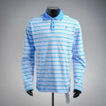 Blue and white striped long-sleeve polo shirt with button placket and ribbed collar