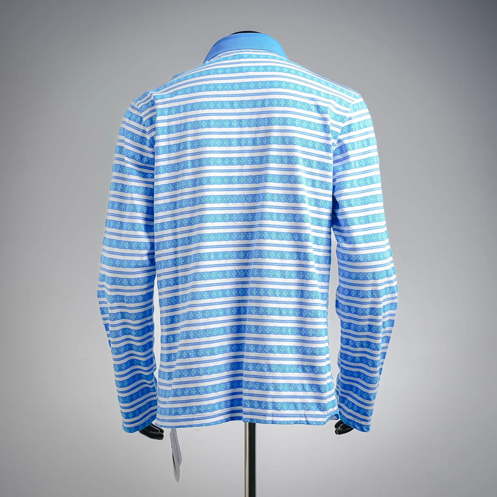 Back view of blue and white striped long-sleeve polo shirt on a mannequin