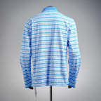Back view of blue and white striped long-sleeve polo shirt on a mannequin