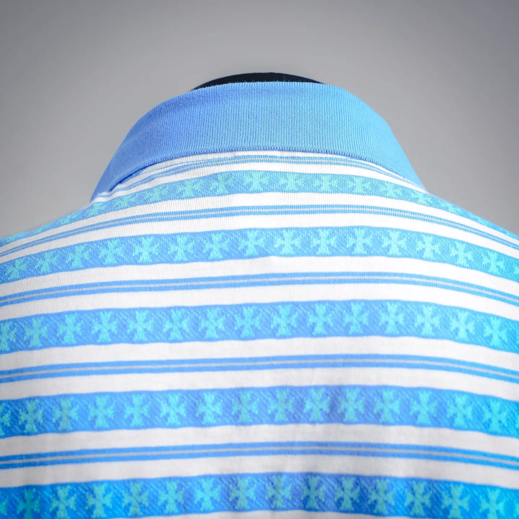 Close-up of blue collar and striped yoke with light-blue patterned band