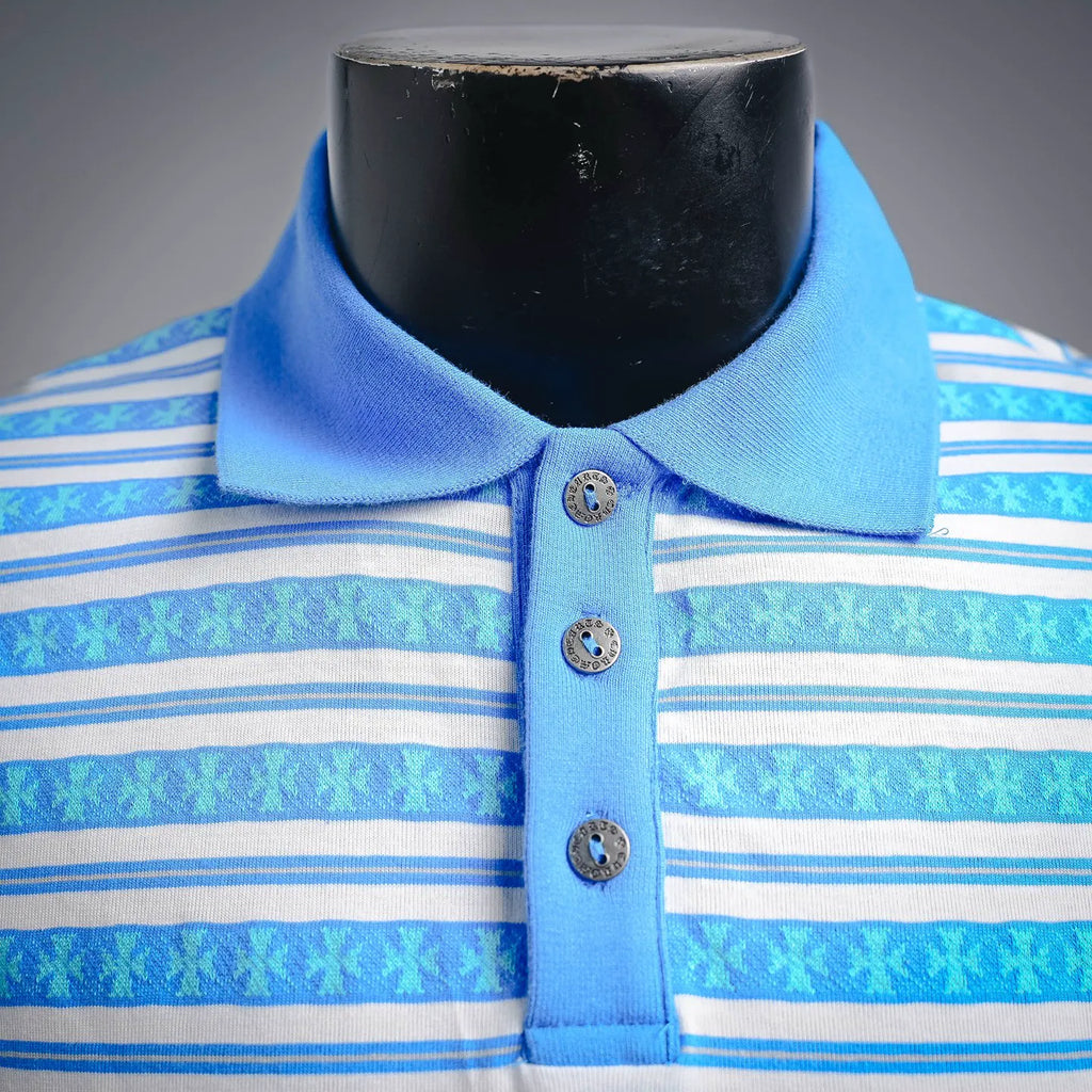 Front close-up: light-blue polo collar with three buttons on striped shirt