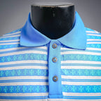 Front close-up: light-blue polo collar with three buttons on striped shirt
