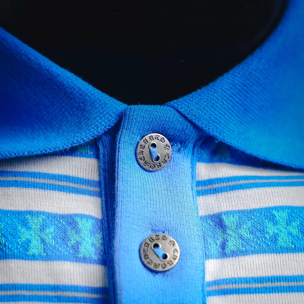 Polo shirt close-up of button placket and ribbed neckline on a striped knit