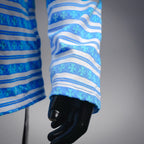 Side view of blue and white striped long-sleeve polo shirt
