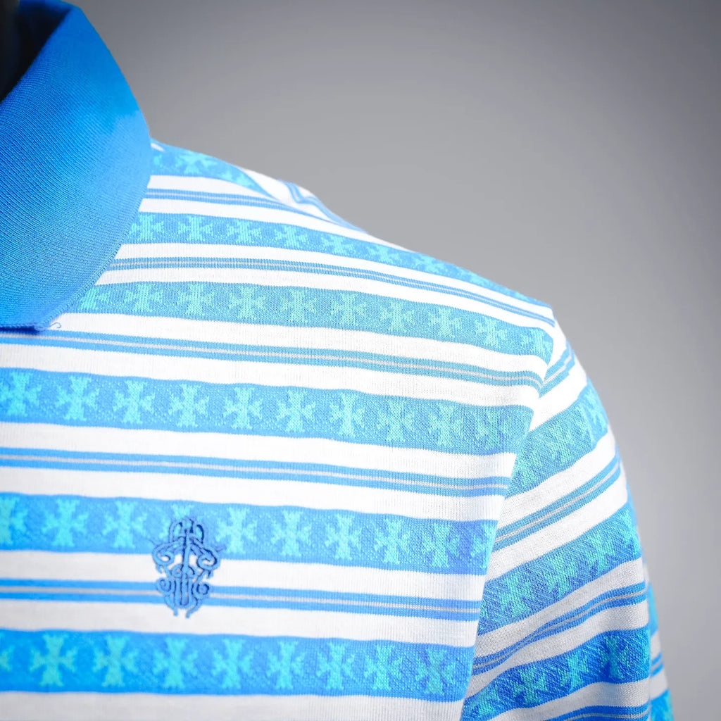 Shoulder and upper chest view of blue and white striped long-sleeve polo
