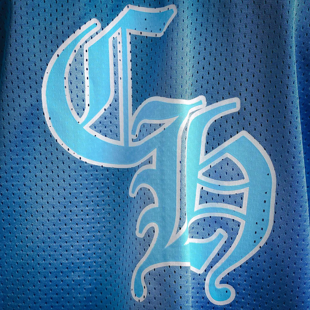 Close-up of light blue jersey fabric with large white-blue emblem graphic