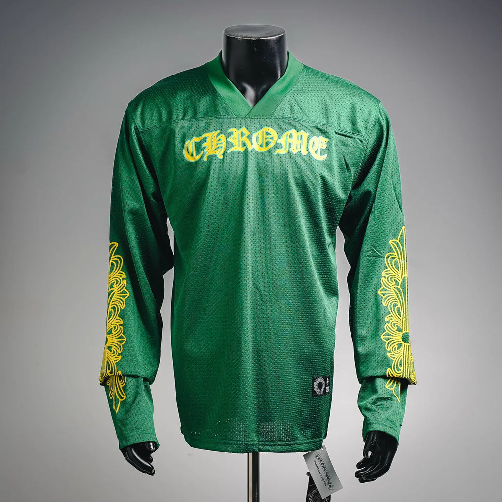 Green long-sleeve jersey with yellow graphic logo on the chest, V-neck