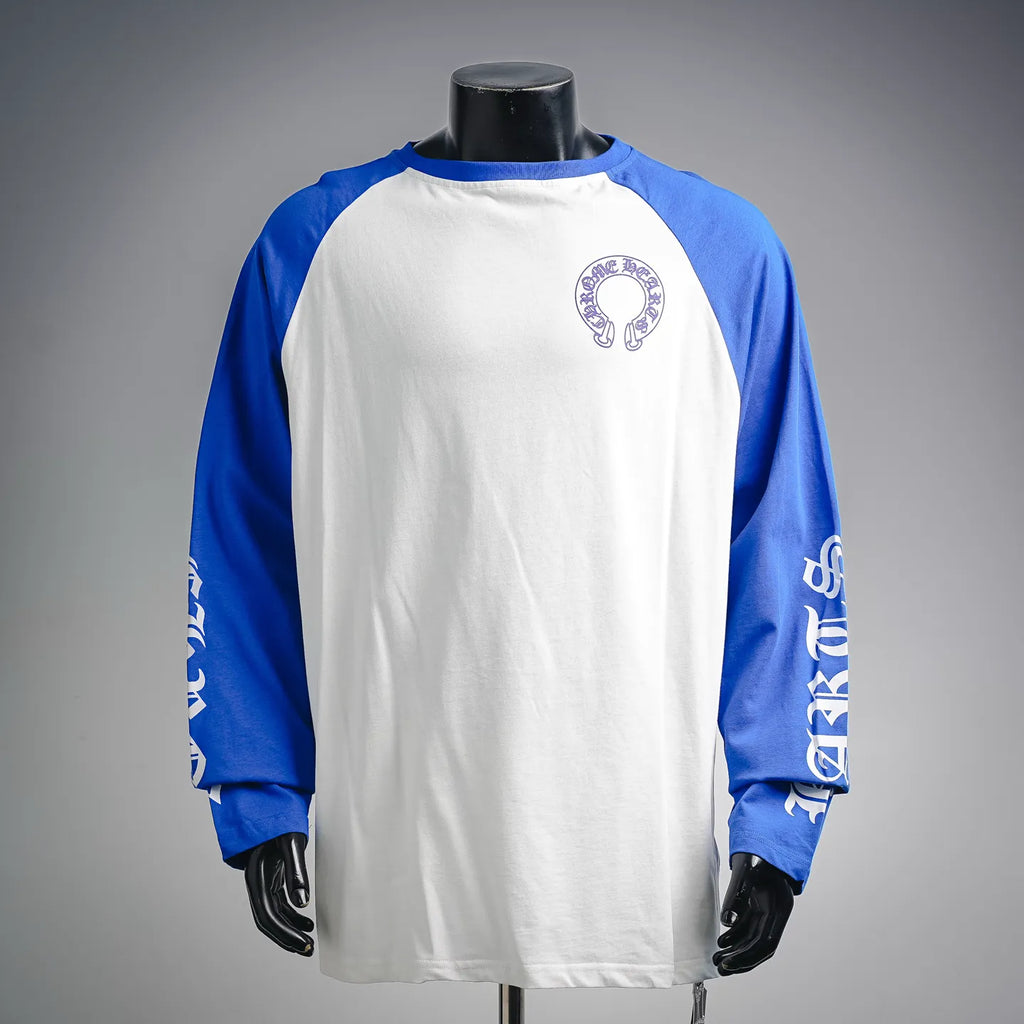 Long-sleeve raglan shirt with white body and blue sleeves, front crest logo