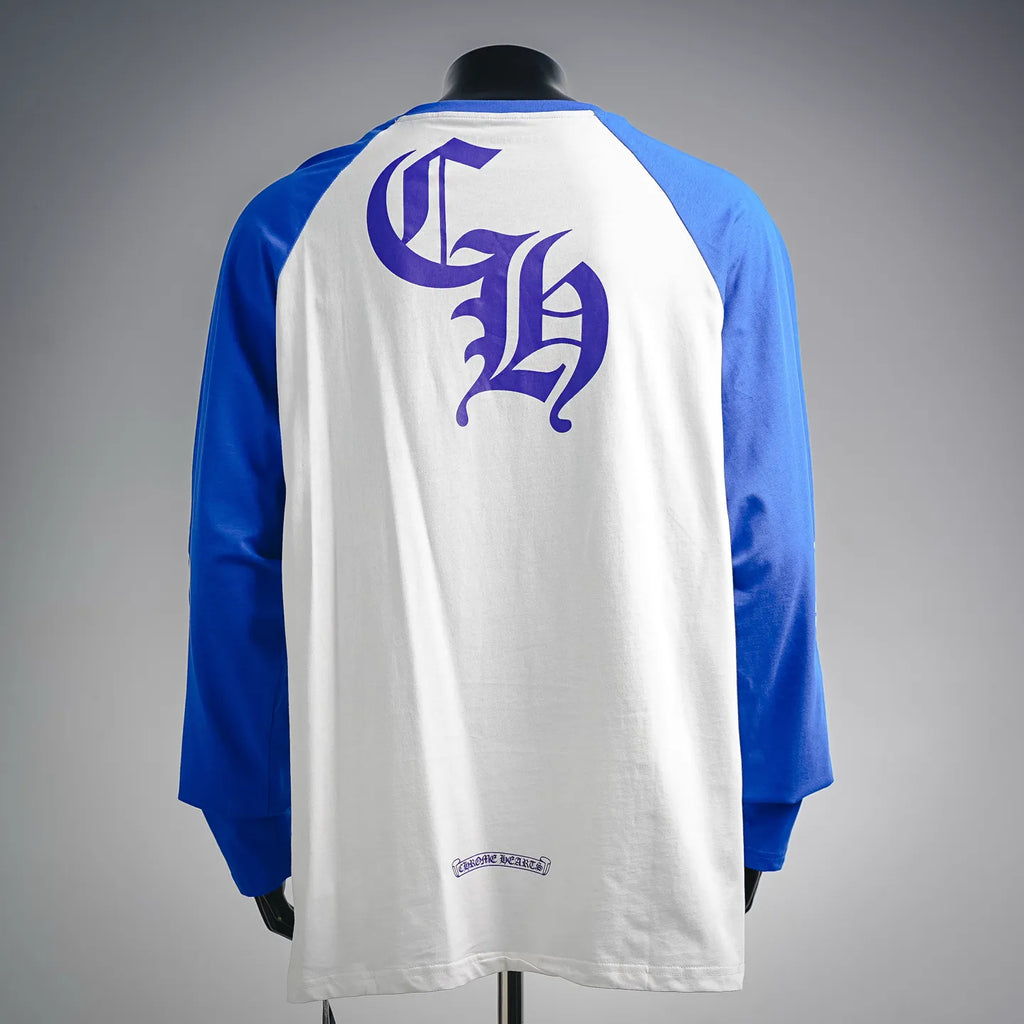 Long-sleeve raglan shirt with white back and blue sleeves, large purple monogram graphic