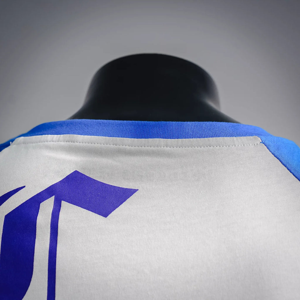 Long-sleeve raglan shirt back yoke close-up with blue-and-white paneling