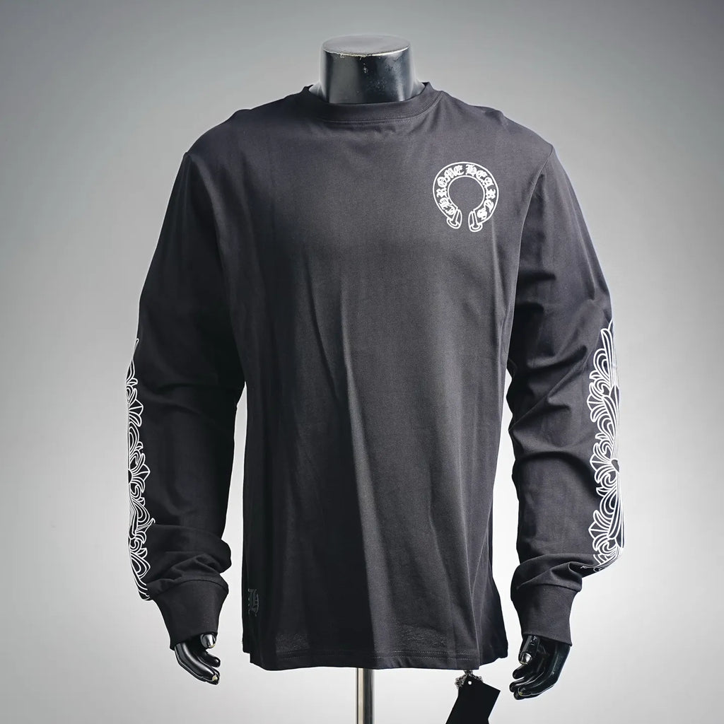 Long-sleeve dark T-shirt with round neck and white chest logo and sleeve graphics