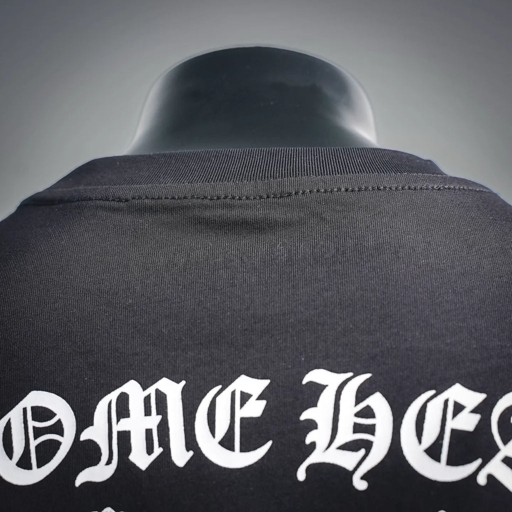 Dark long-sleeve T-shirt collar with stitched neckline and partial white back lettering