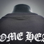 Dark long-sleeve T-shirt collar with stitched neckline and partial white back lettering
