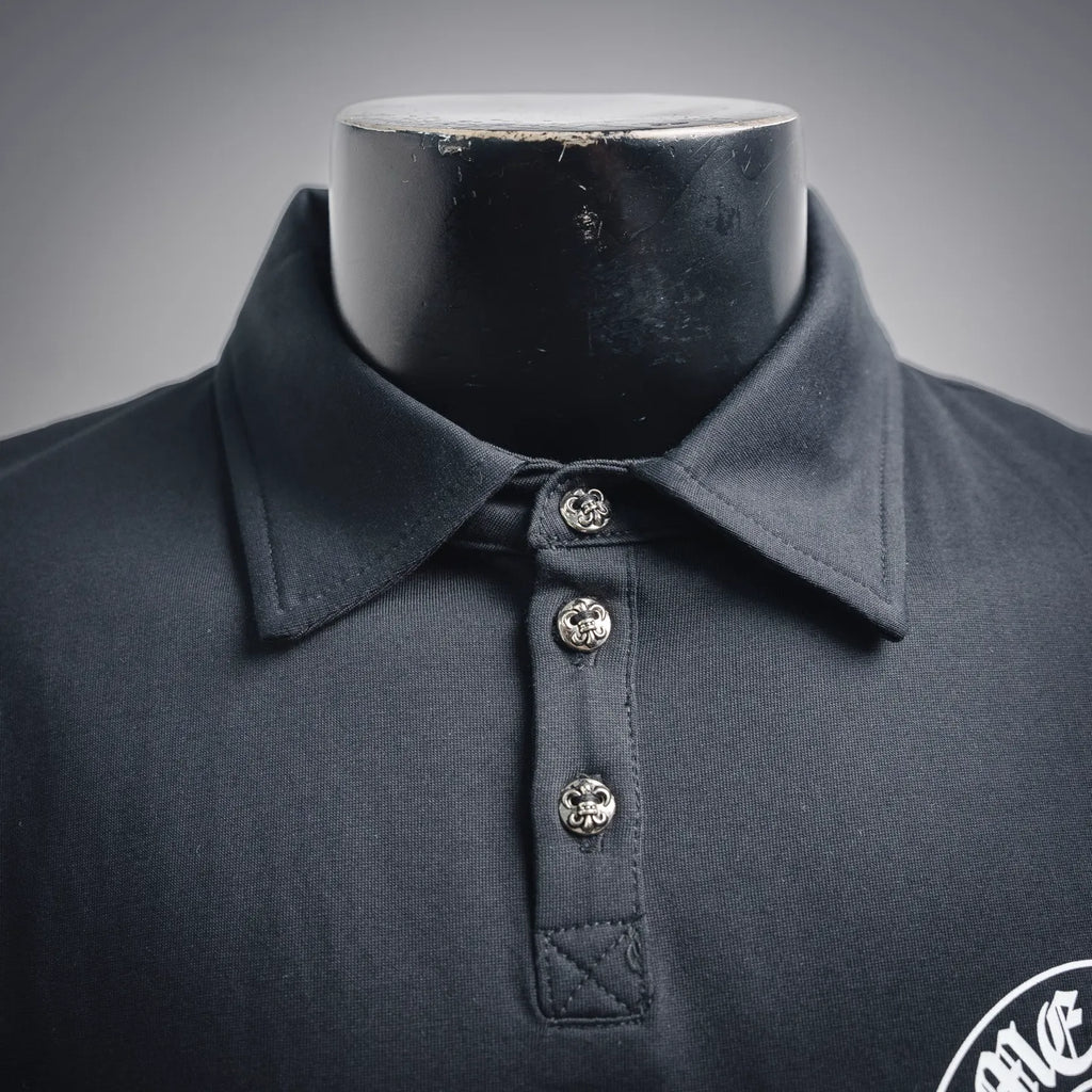 Dark polo shirt collar with three decorative buttons and stitched placket