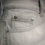Light gray denim front pocket with metal buttons and curved coin pocket