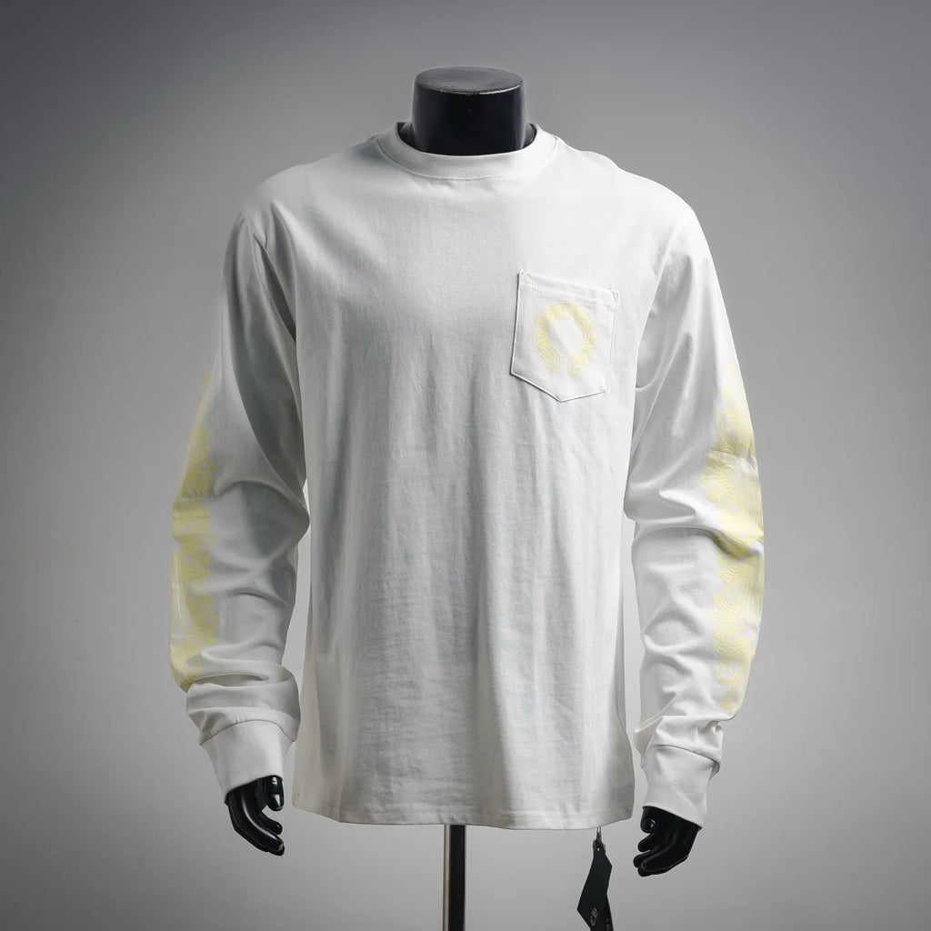 White long-sleeve T-shirt with chest pocket and yellow circular logo print