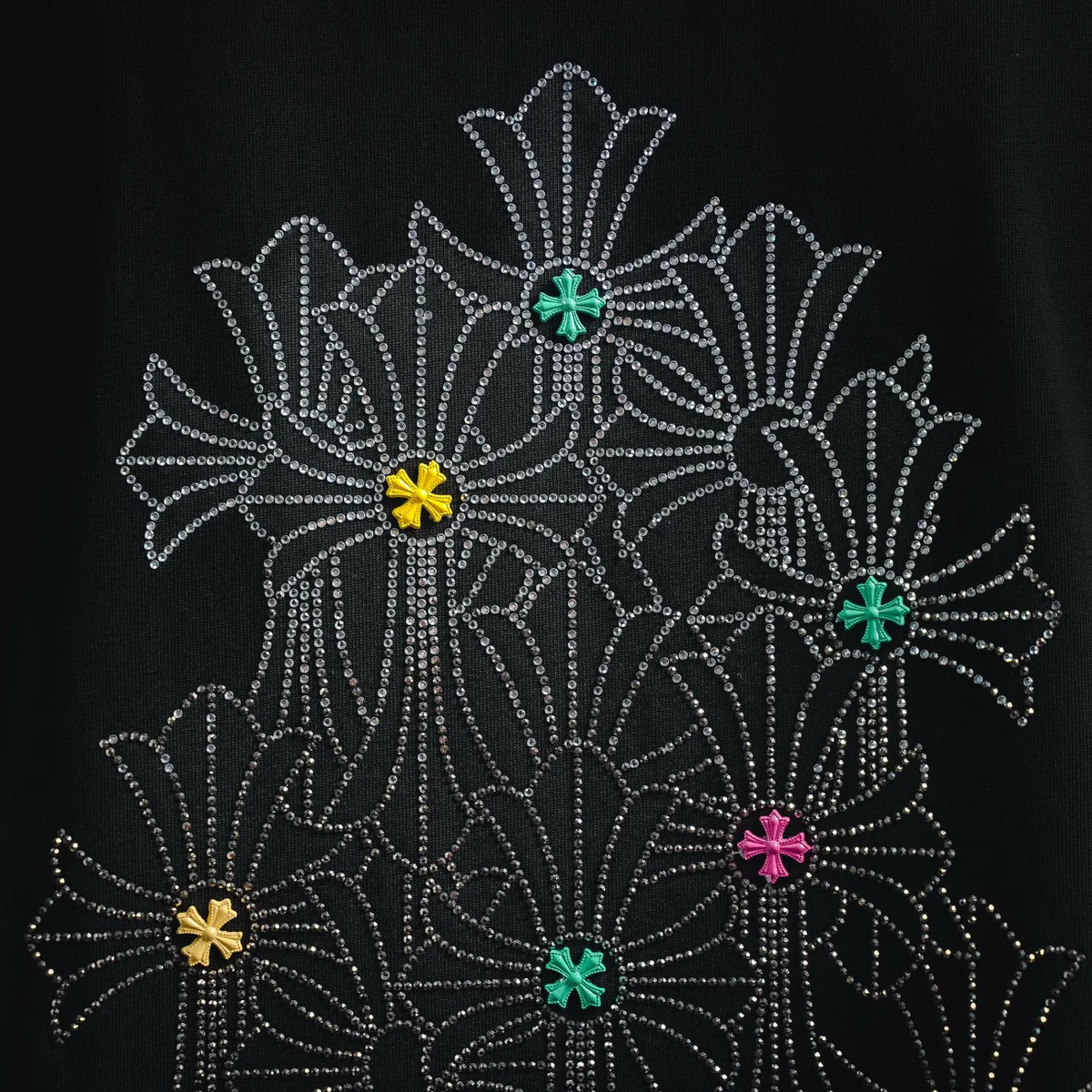 Black T-shirt with rhinestone flower pattern and colorful gem crosses