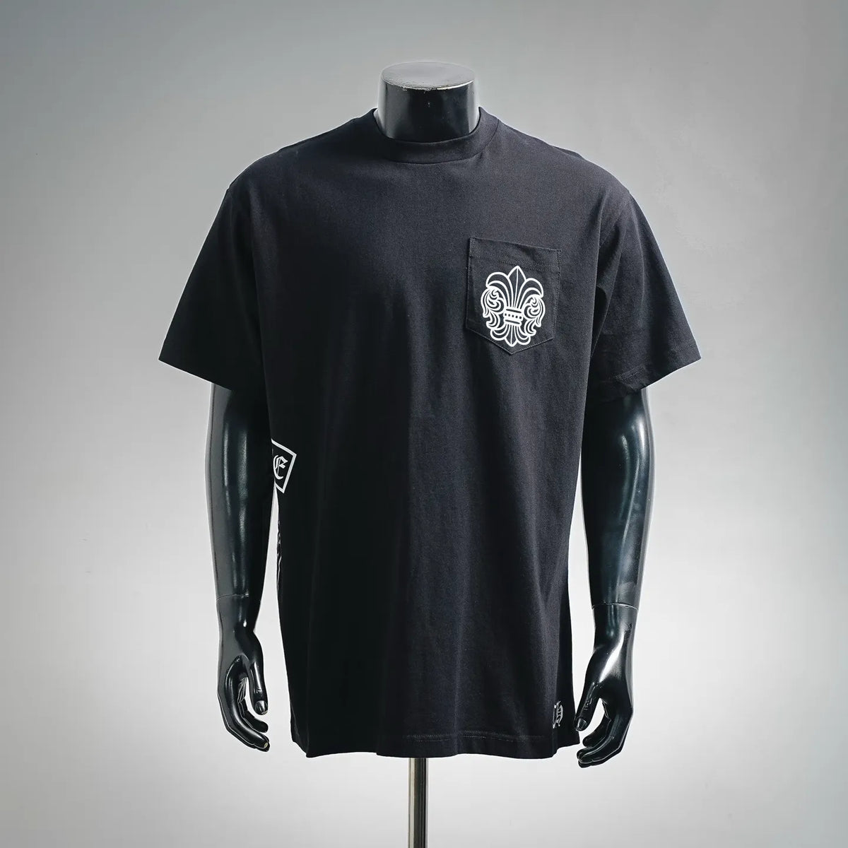 Black short-sleeve crew-neck t-shirt with white chest emblem pocket logo