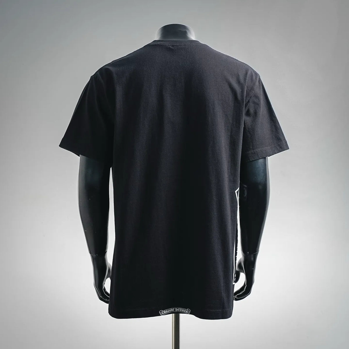 Black short-sleeve crew-neck t-shirt, back view