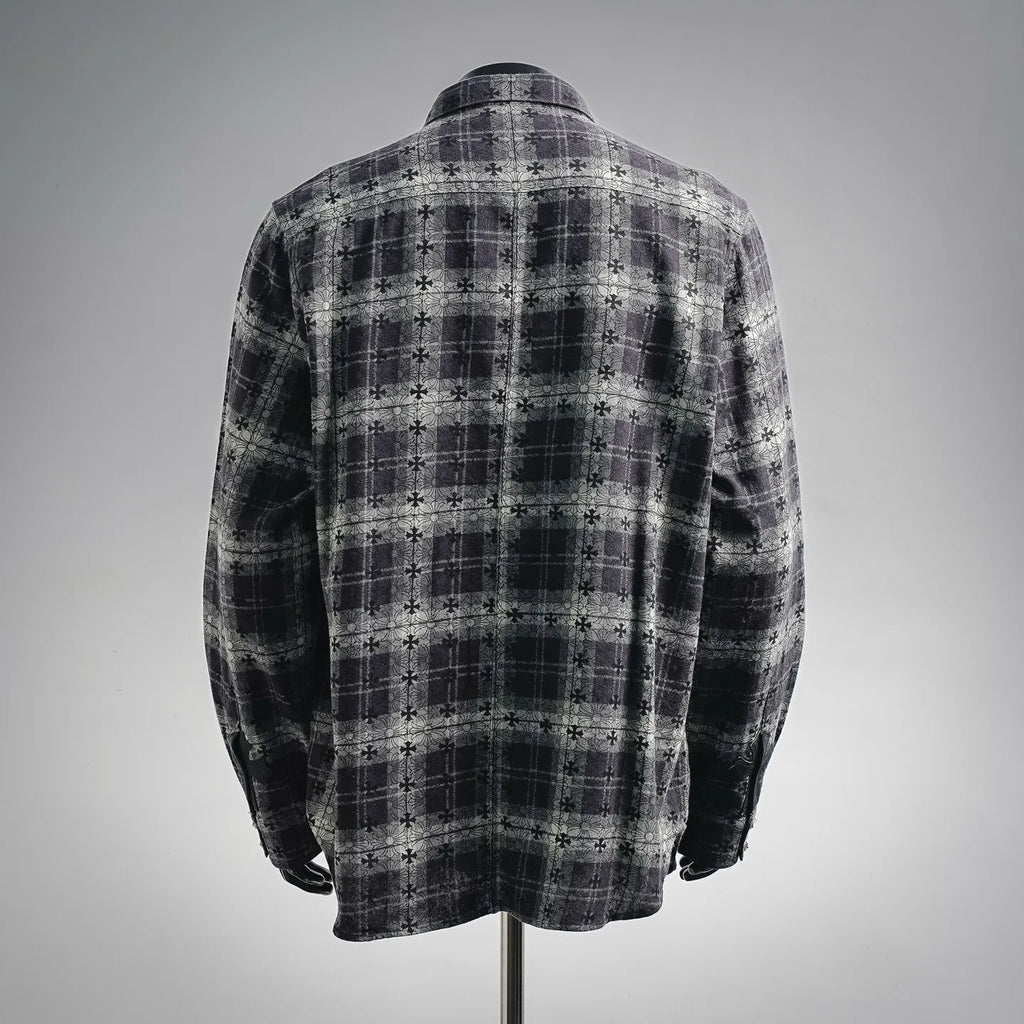 Long-sleeve button-up shirt, dark plaid with floral pattern, back view
