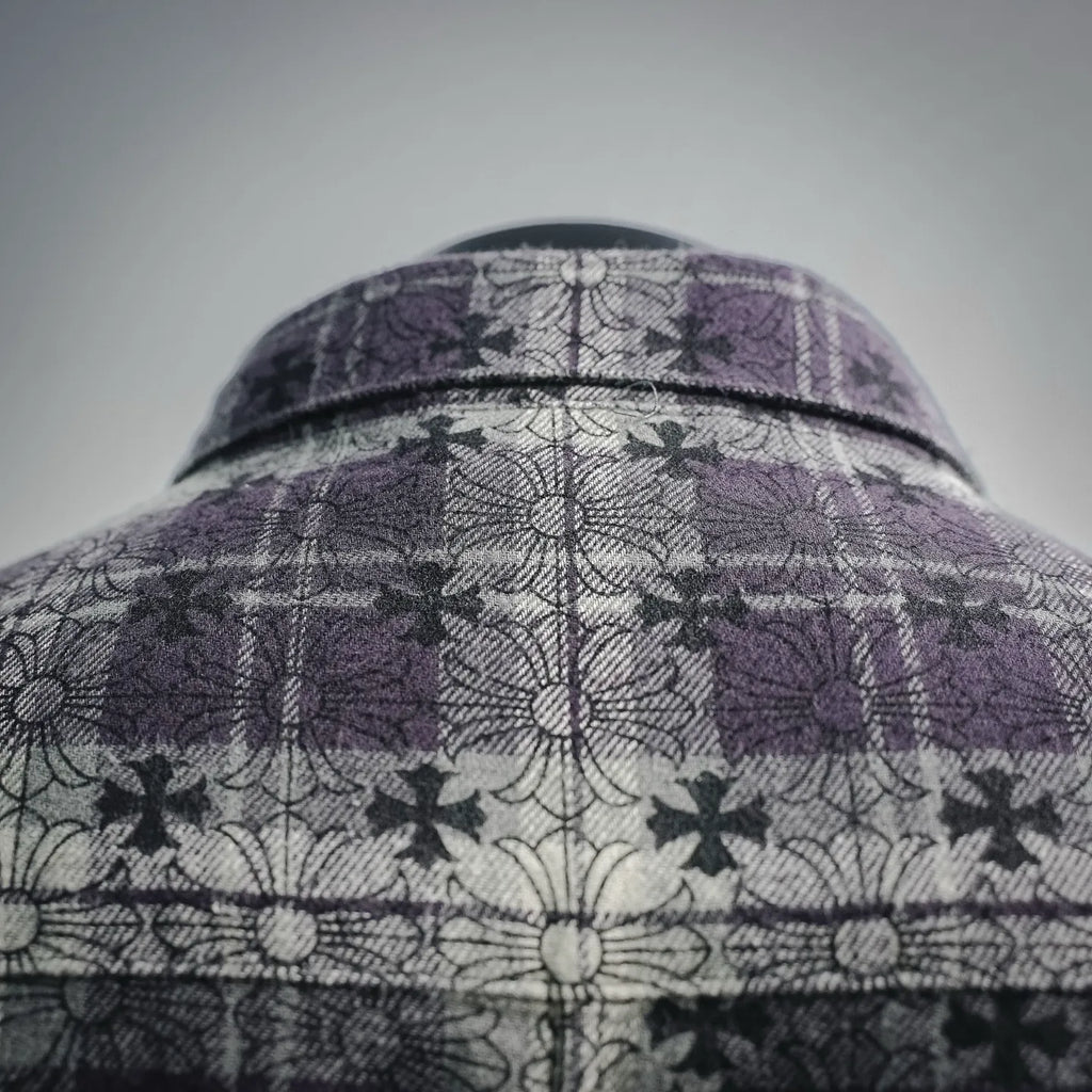 Shirt collar with dark plaid and floral print, center seam visible